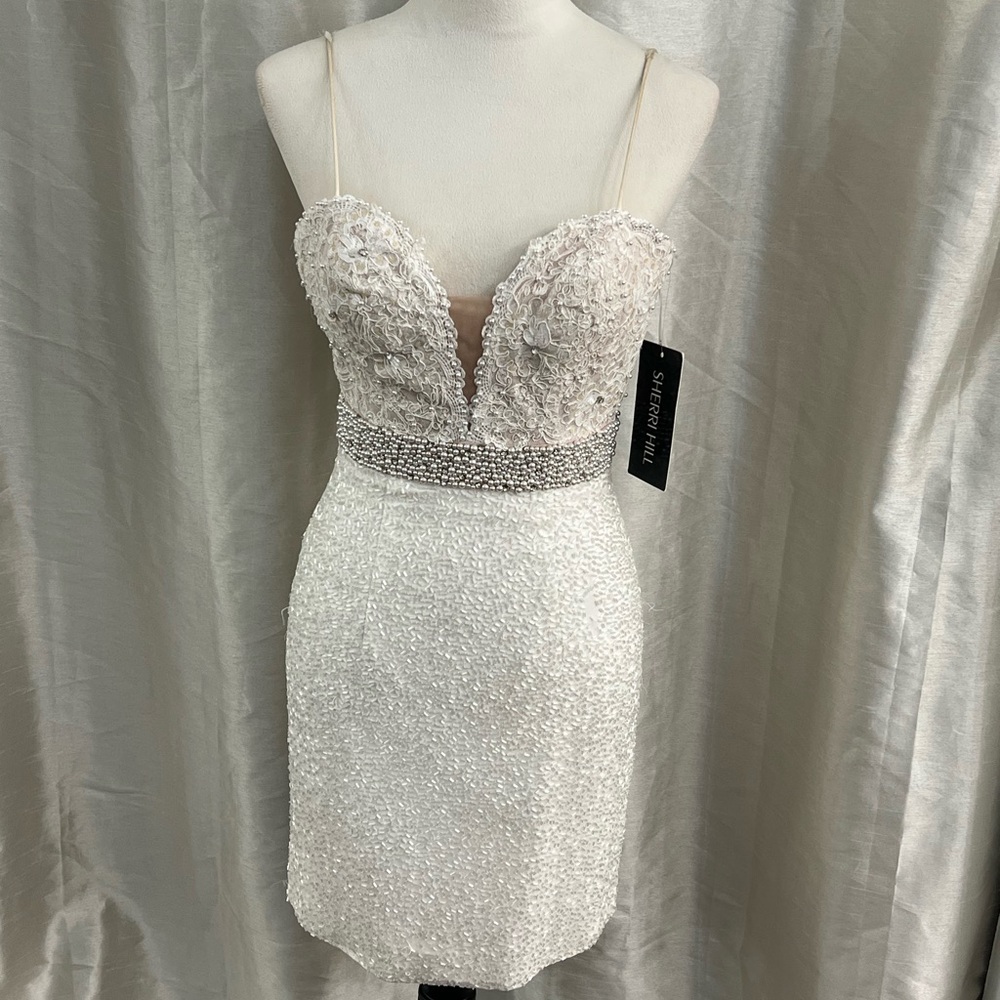 Sherry Hill Elegant Ivory Beaded Lace Cocktail Dress